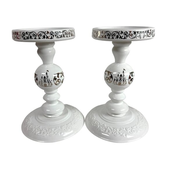 Disney Parks 8” Castle Mickey Icon Ears White/Silver Pillar Candle Holders Set 2 - Picture 1 of 6